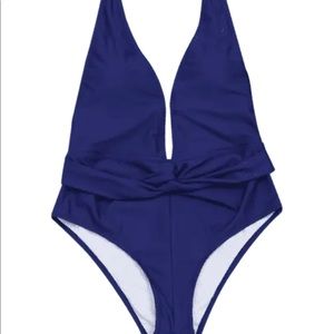 Blue plunging neck one piece